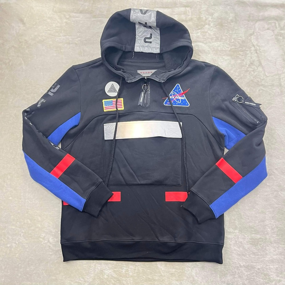 EUC Black Pyramid NASA Space Hoodie Mens Black Reflective Quarter Zip Pullover L